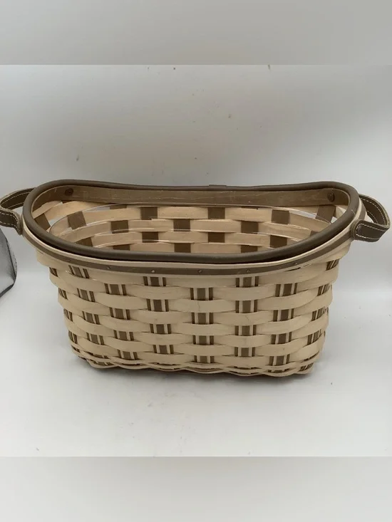 Longaberger Tan and Brown Woven Bicycle Basket with Leather Handles and Liner - Picture 2 of 10